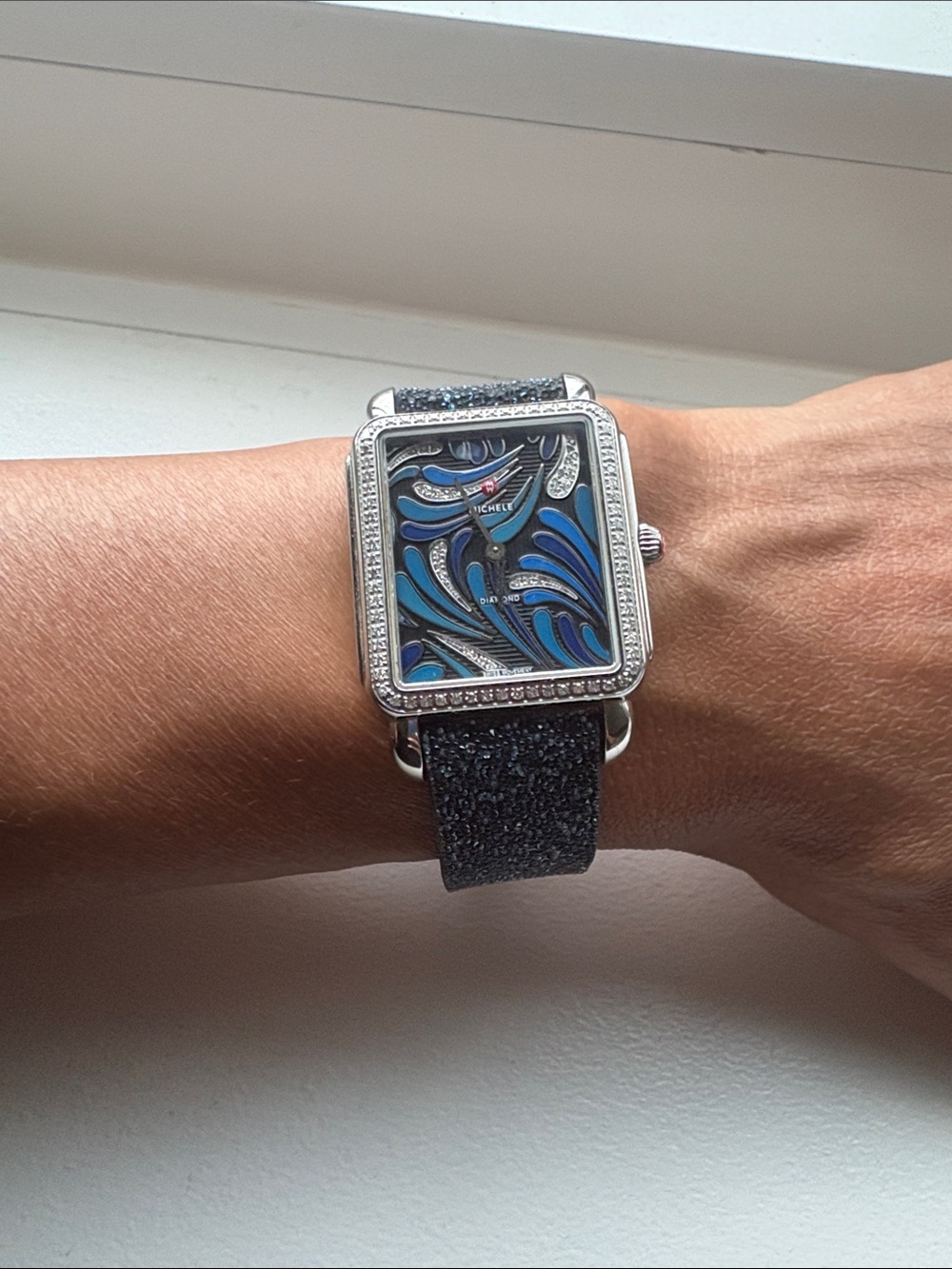 Michele Blue Swirl Enamel Dial Watch with Black Glitter Strap